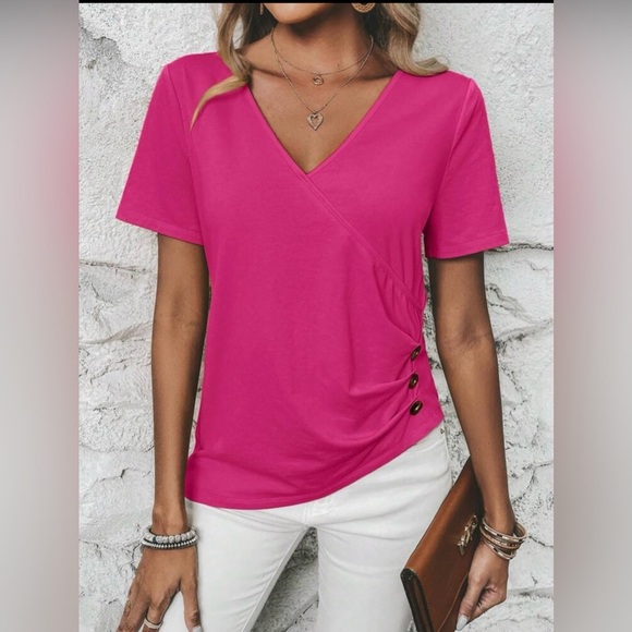 SHEIN LUNE Hot Pink Surplice Neck Tee (NWOT) - Picture 1 of 8